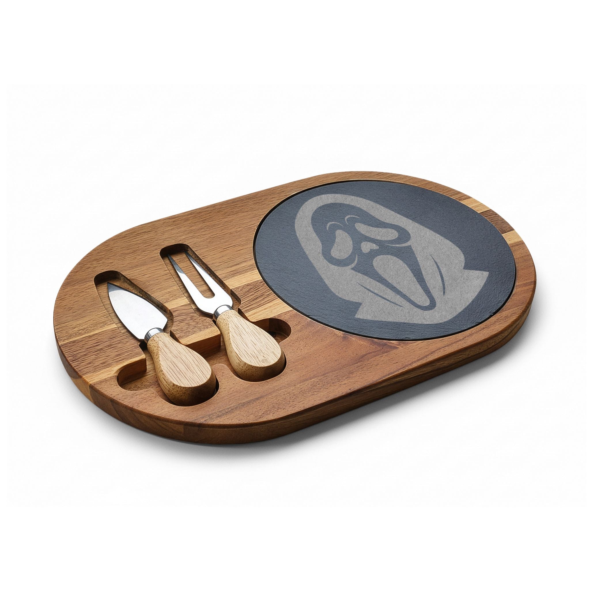 Engraved Scream Charcuterie Board — Halloween Cheese Serving Platter with Cutlery