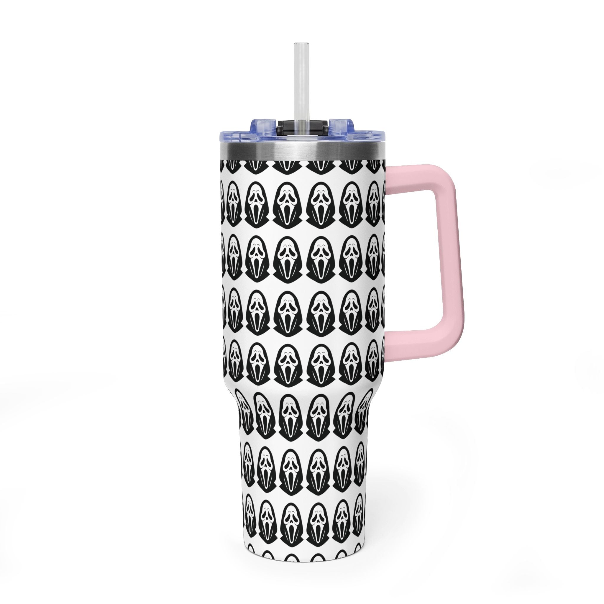 40oz Insulated Tumbler with Repeating Ghost Mask Pattern — Spooky Halloween Drinkware
