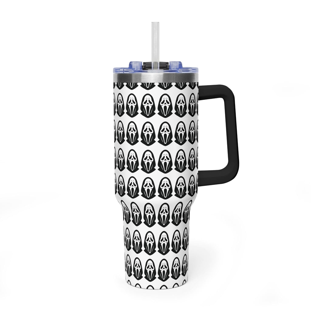 40oz Insulated Tumbler with Repeating Ghost Mask Pattern — Spooky Halloween Drinkware
