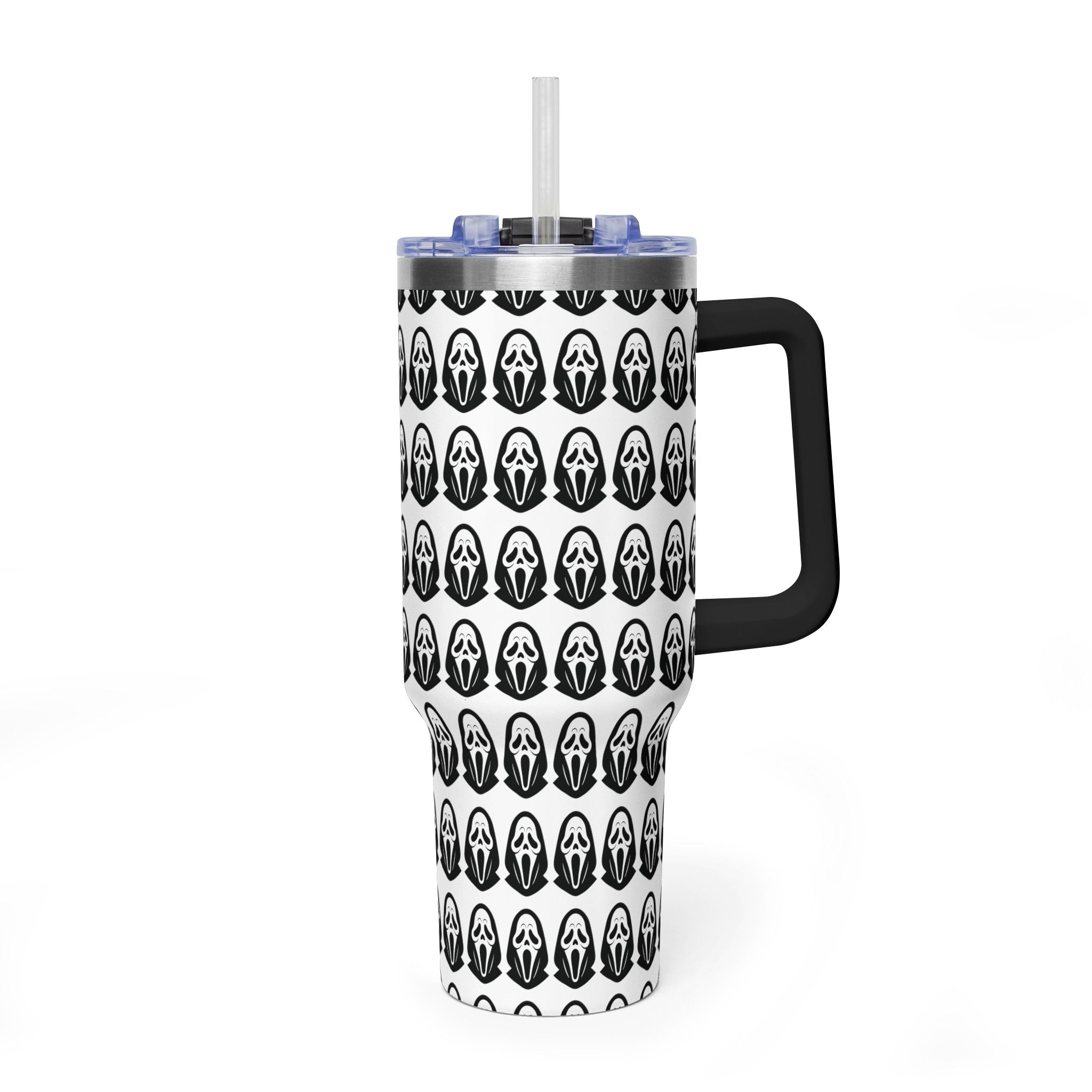 40oz Insulated Tumbler with Repeating Ghost Mask Pattern — Spooky Halloween Drinkware