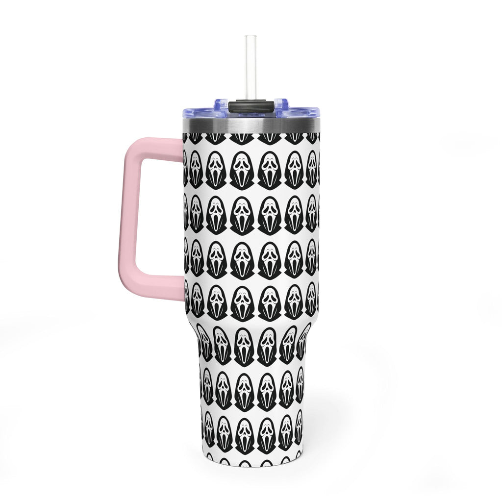 40oz Insulated Tumbler with Repeating Ghost Mask Pattern — Spooky Halloween Drinkware